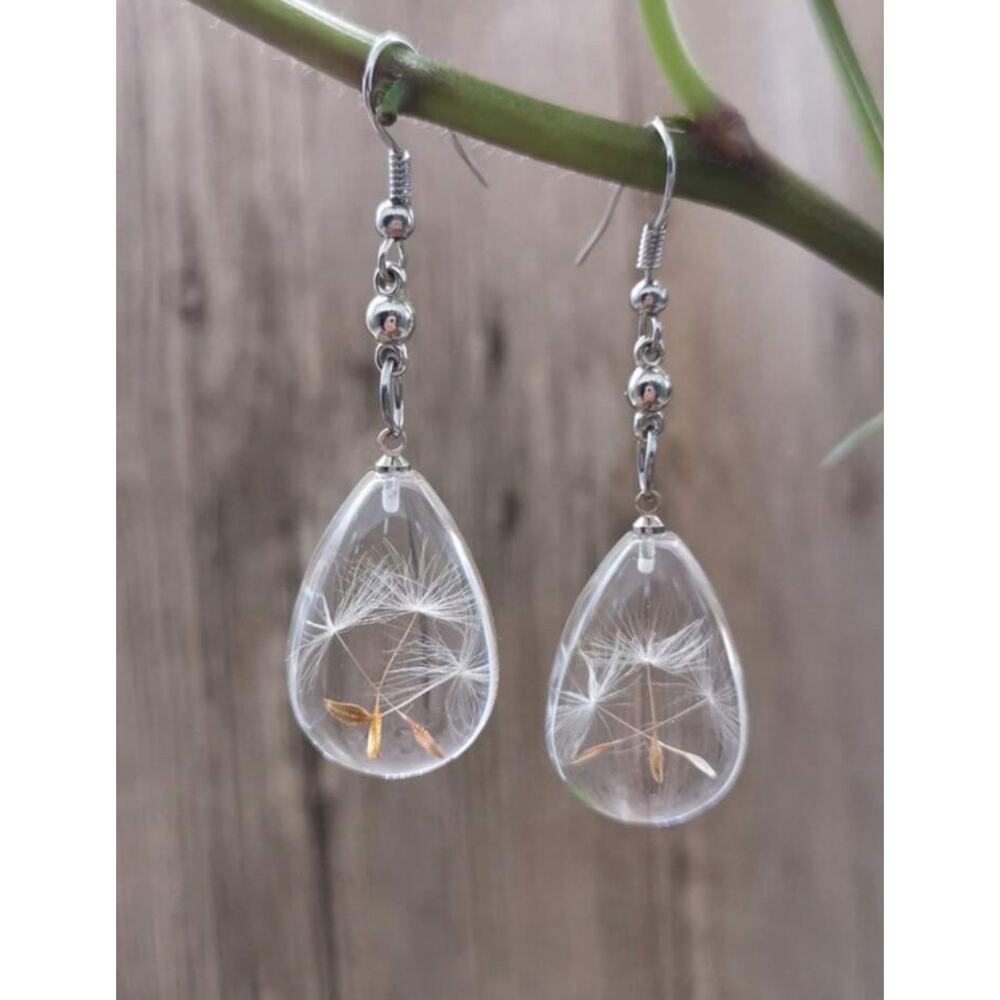 Creative Waterdrop Resin Dried Flower Dandelion Earrings For Women